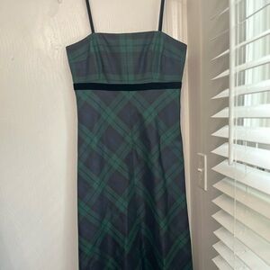 Talbots Green and Blue Plaid Velvet Strap Empire Waist Midi Dress